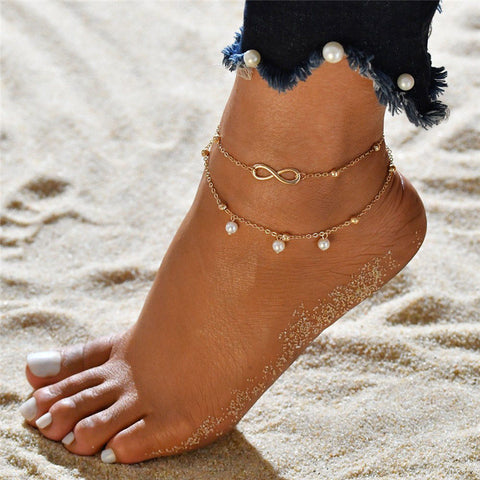 Spoil Yourself - 2PCS Retro Pearl Heart Infinity Anklet - gold color