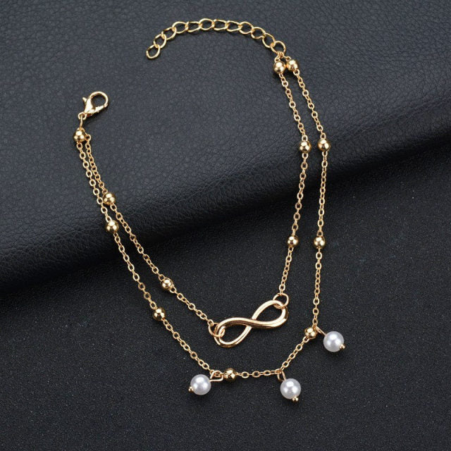 Spoil Yourself - 2PCS Retro Pearl Heart Infinity Anklet - gold color