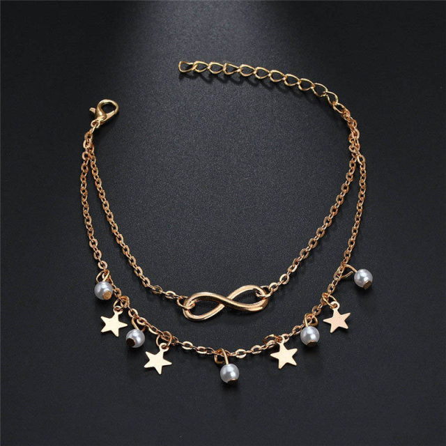 Spoil Yourself - 2PCS Retro Pearl Star Infinity Anklet - gold color